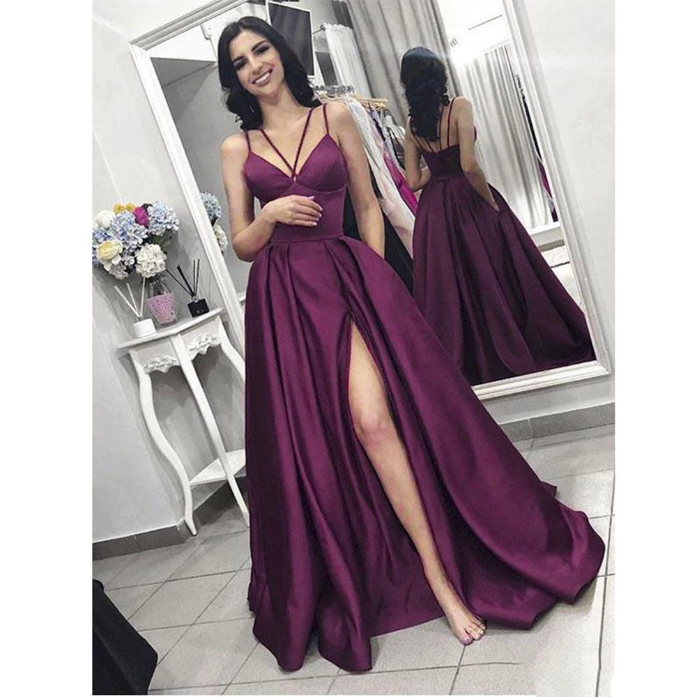 

Purple Long A Line Prom Dresses with Side Slit Spaghetti Straps Crossed Back Sweep Train Formal Evening Gown