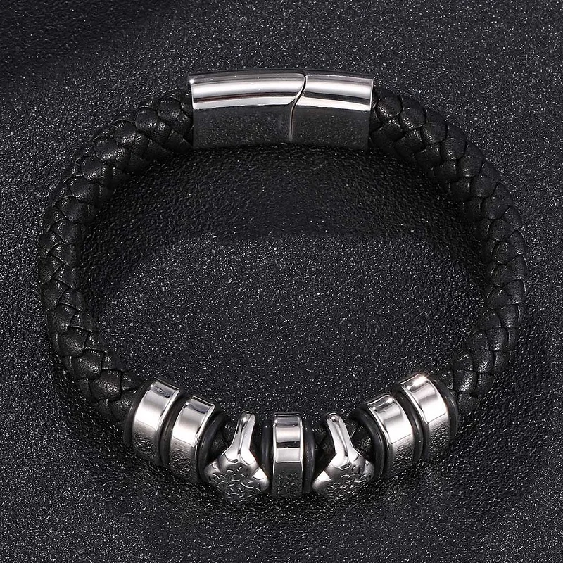 Модный черный плетеный кожаный браслет мужские аксессуары из нержавеющей стали