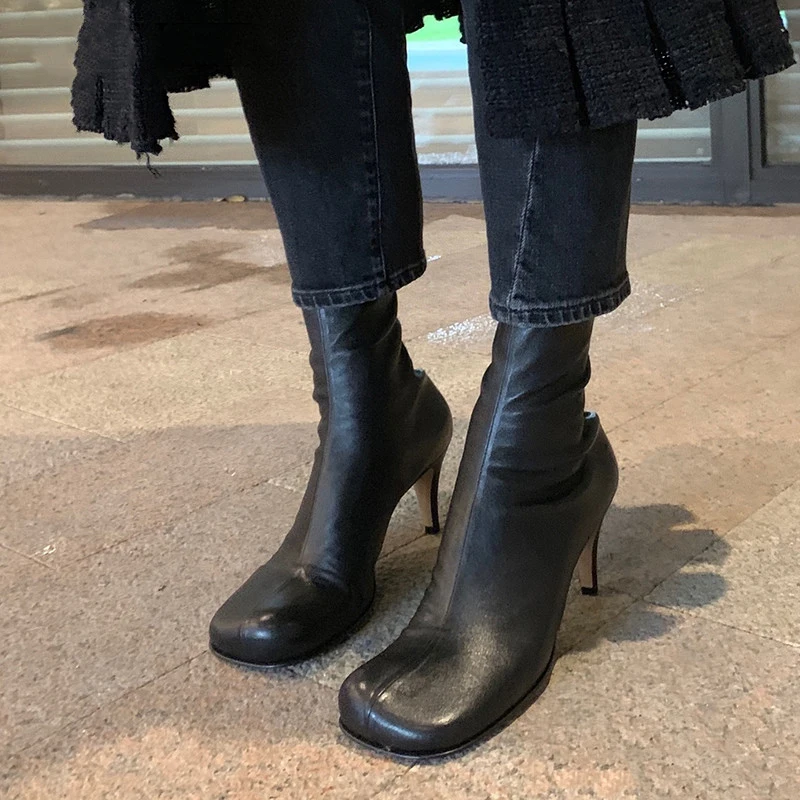 

Square Toe Stretch Ankle Boots Women Soft Real Leather High Heel Boots Female Fashion Short Boots