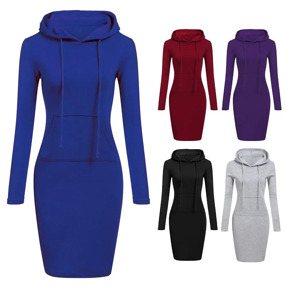 

New Autumn Winter Warm Sweatshirt Dress women Pocket Solid Color Long Sweatshirt Pullover Hoodie Dress Woman Dresses Vestidos