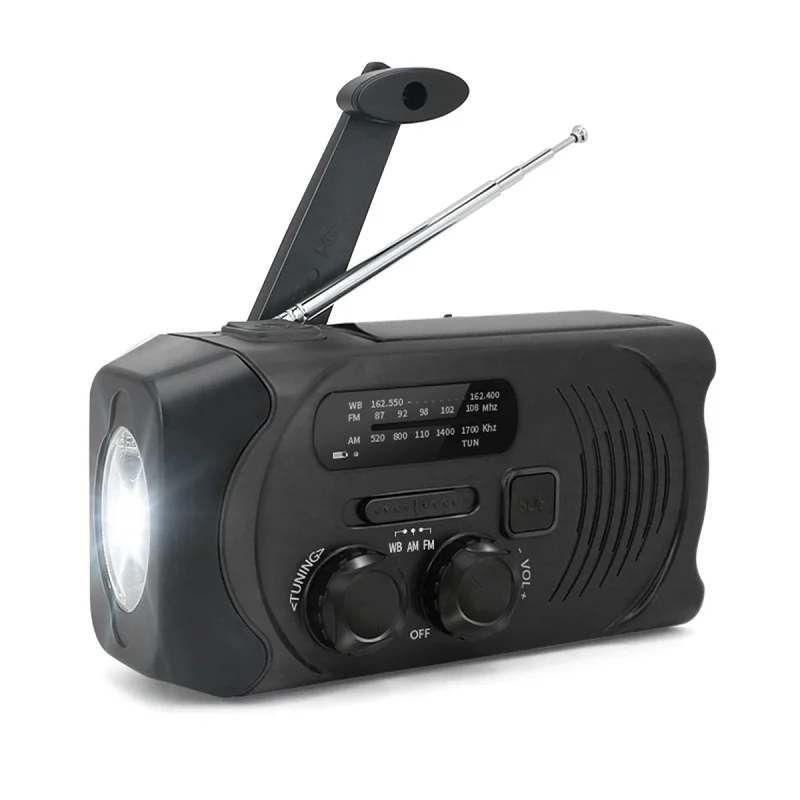 Black Global Weather Radio Receiver AM WB FM Radio Flashlight Hand Crank Solar Solar Panel Rechargeable 2000mAh Power Bank - Цвет: Black