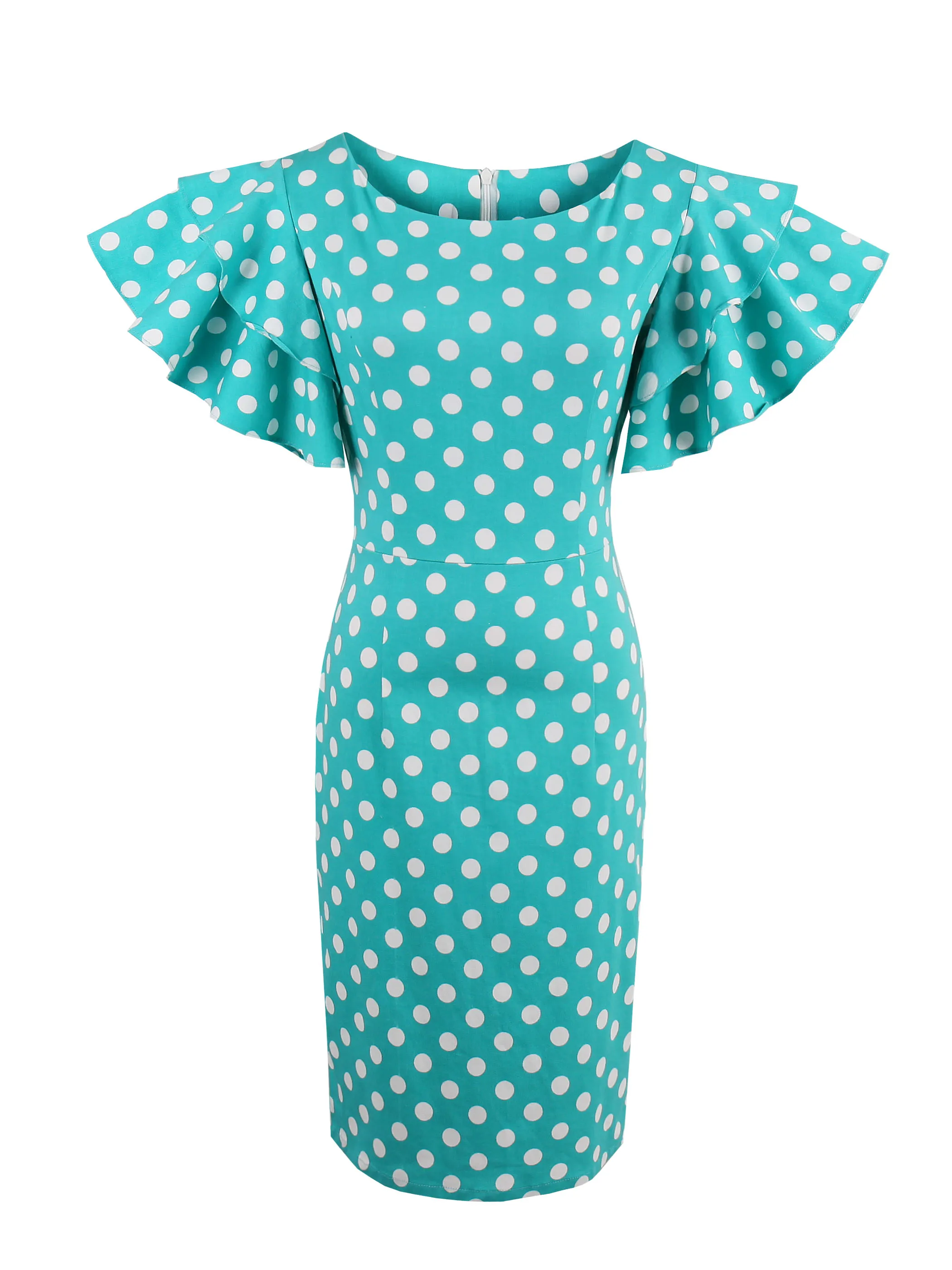 

Vintage Polka Dot Dress Women Bodycon Dresses 2XL Retro Pin Up Female Ruffle Sleeve Blue Slim Sexy Casual Party Vestido Summer