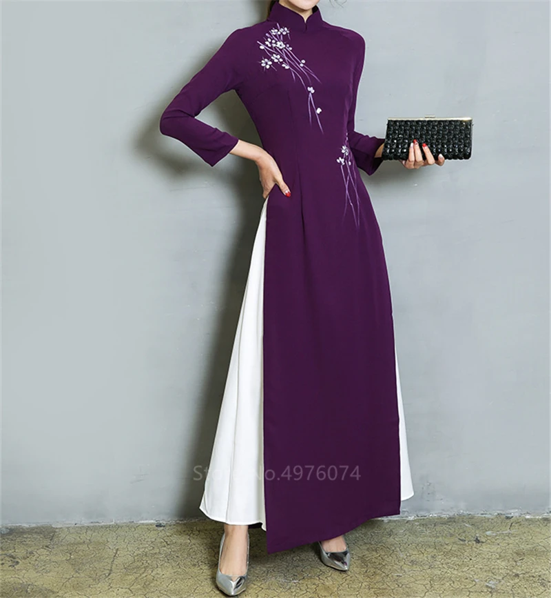 Purple Новые вьетнамские халаты в народном стиле, шифоновое изящное платье Aodai, элегантное, со стоячим воротником, традиционная одежда, цветочный чонсам - Цвет: Purple