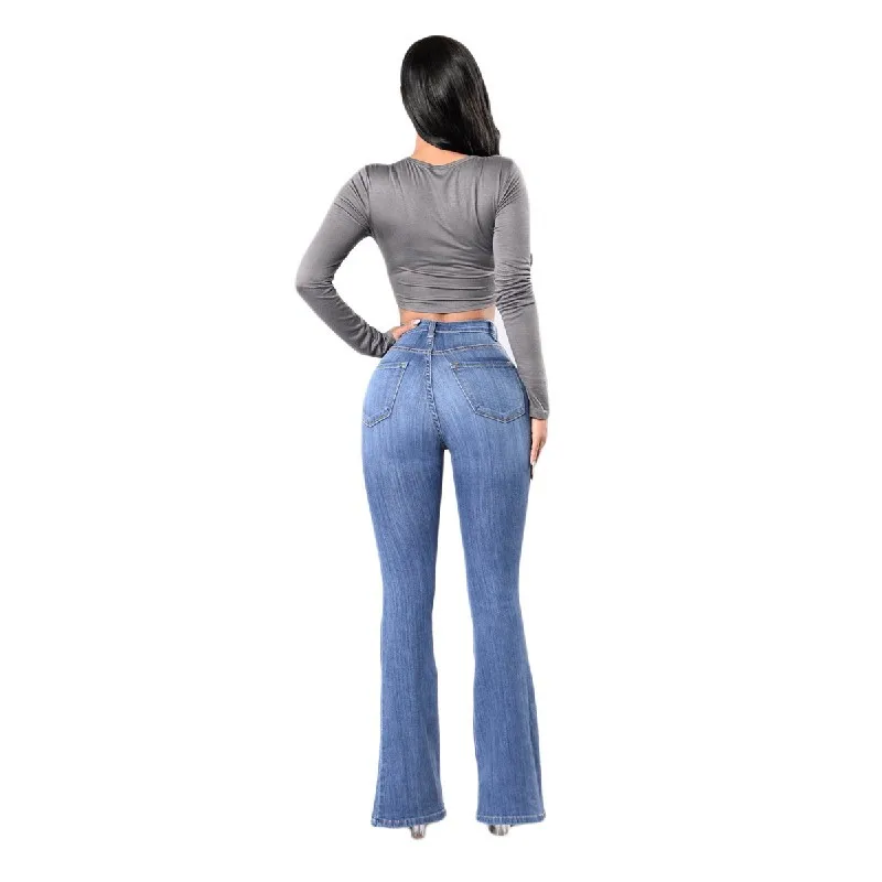 

Women Autumn Elastic Plus Loose Denim High Waist new Pocket Button Casual Boot Cut Pant Jeans #R25