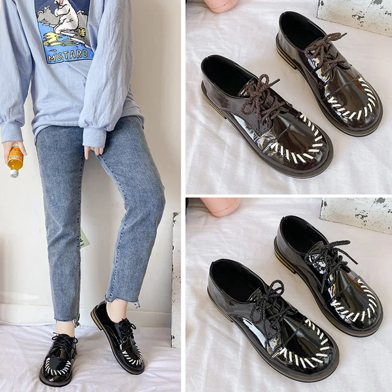 

Korean Shoes Patent Leather Ballet Flats British Style Mixed Colors Low Heels Casual Female Sneakers Round Toe Autumn Oxfords Wo