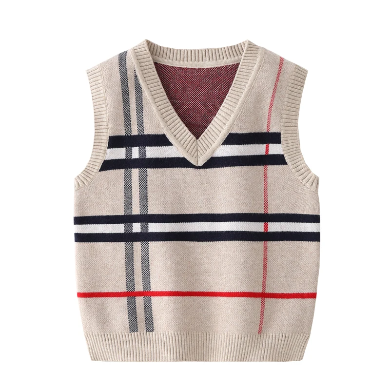 

2-8T Plaid Sweater Tank For Boy Girl Toddler Kid Baby Spring Autumn Sweater V Neck Knit Top Fall Fashion Vest Knitwear Clothes