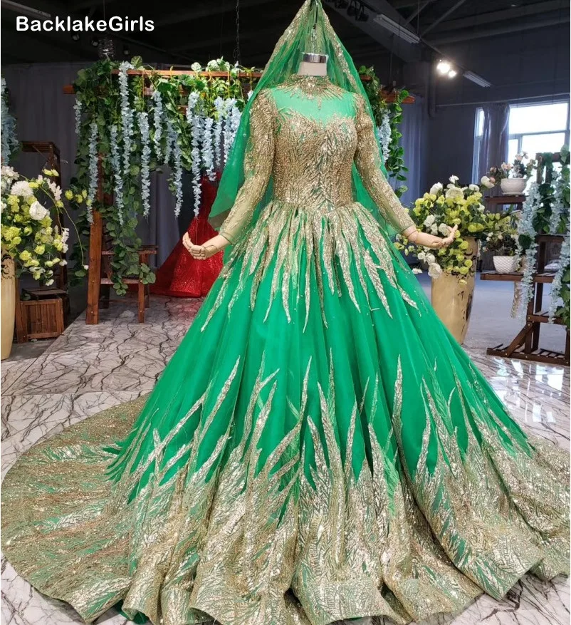 Блестящие расшитые блестками золотые кружевные зеленые мусульманские Вечерние