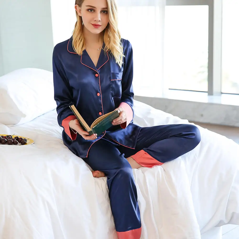 JORSEA/Ночной костюм из 2 предметов шелковые пижамы для женщин комплект однотонная