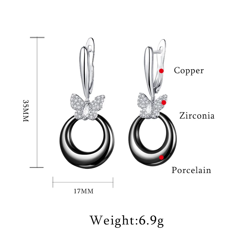 Женские керамические серьги бабочки классические черные с микро инкрустацией из