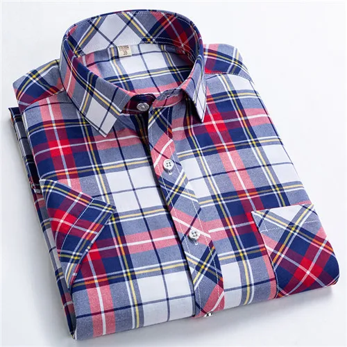 

Checkered shirts for men Summer short sleeved leisure slim fit Plaid Shirt square collar soft causal male tops with front pocket