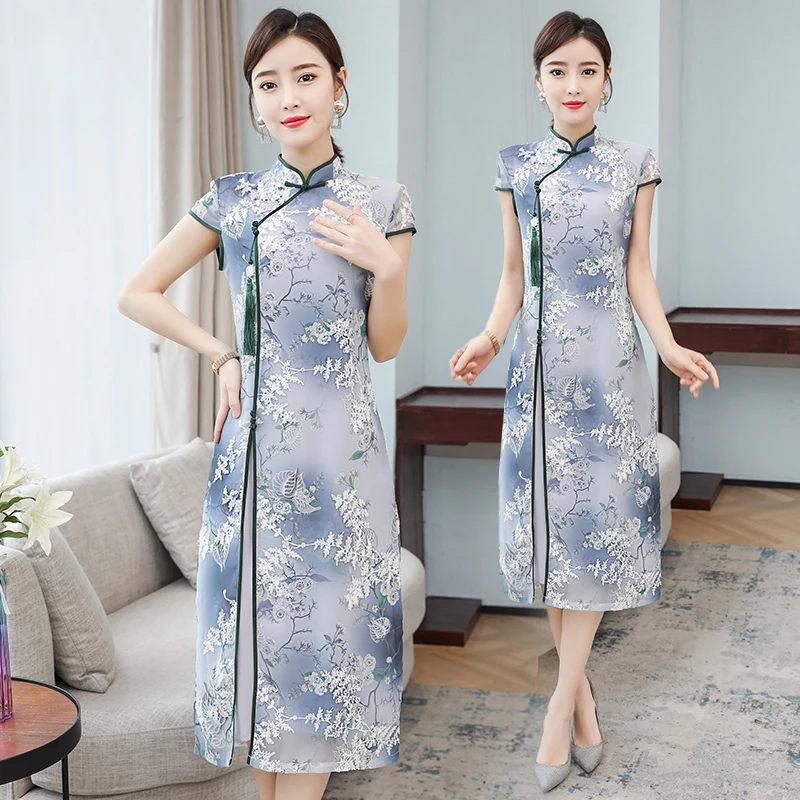 Женское платье в китайском стиле длинное летнее с короткими рукавами модель 2020