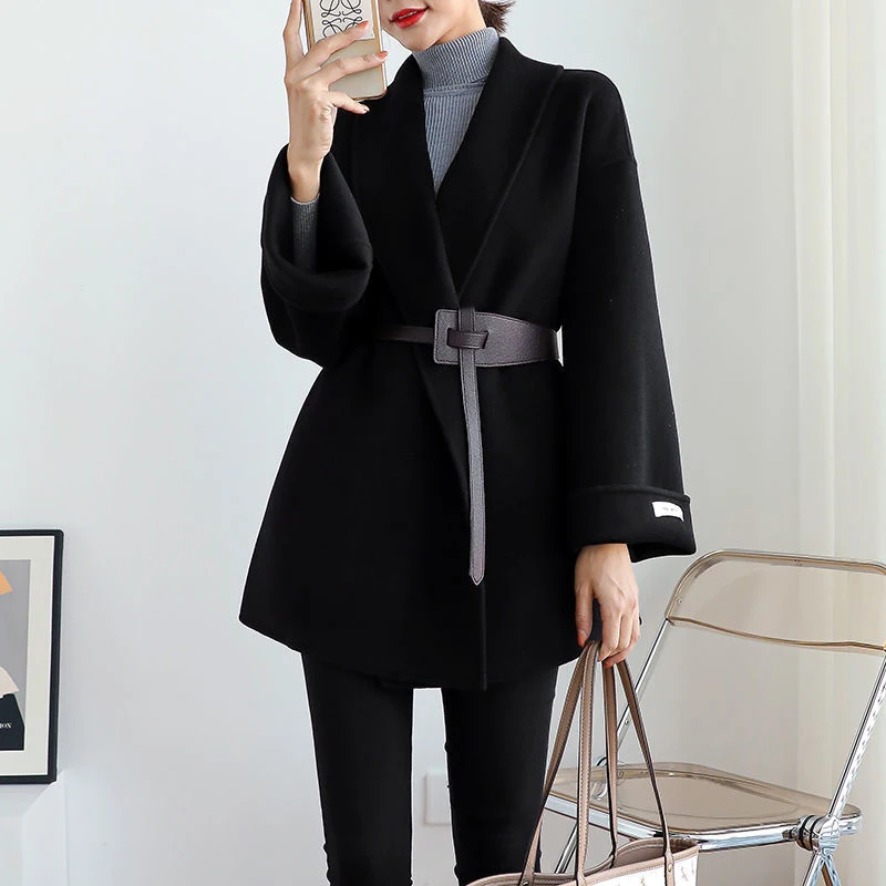 

Korea Chic Women's New Wool Short Jacket Autumn Winter 2021 Casual Temperament Woolen Overcoat With Belt Female