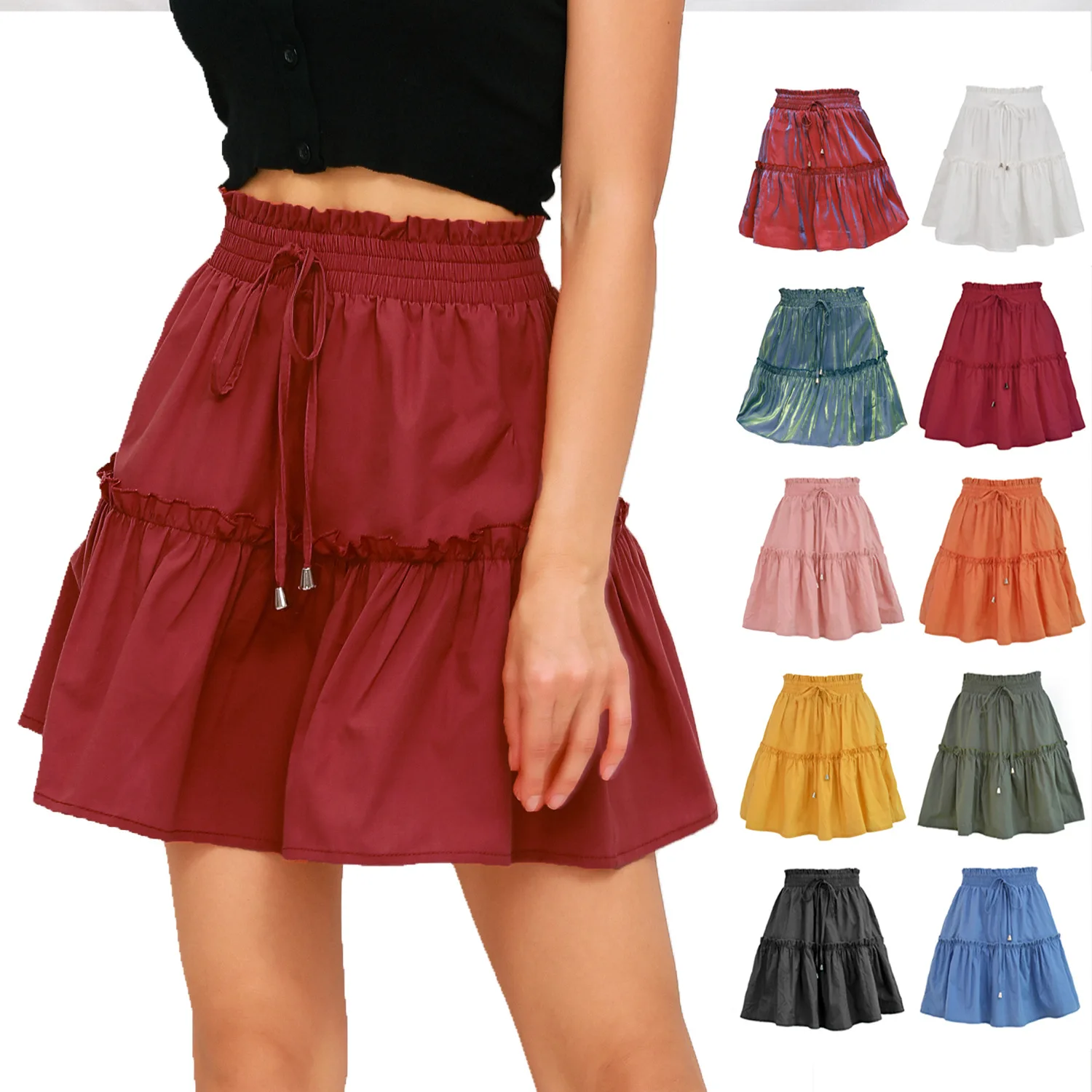 

2021 summer hot Sweet skirt women's fashion short skirt high waist elastic solid color spring casual cotton Splicing skirt sexy