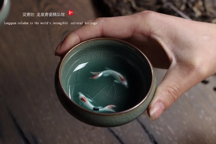 Китайский Longquan Celadon фарфоровая чайная чашка и блюдце чайная чаша с золотой рыбкой 60 мл Celadon Crackle чайная чашка