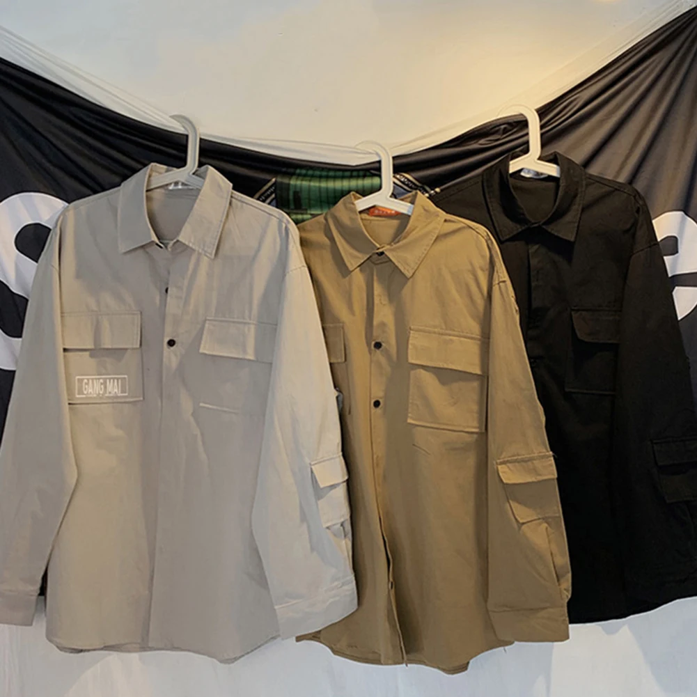 

Fashion Long Sleeves Tooling Shirt Pocket Men Loose Casual Jacket Top Workwear