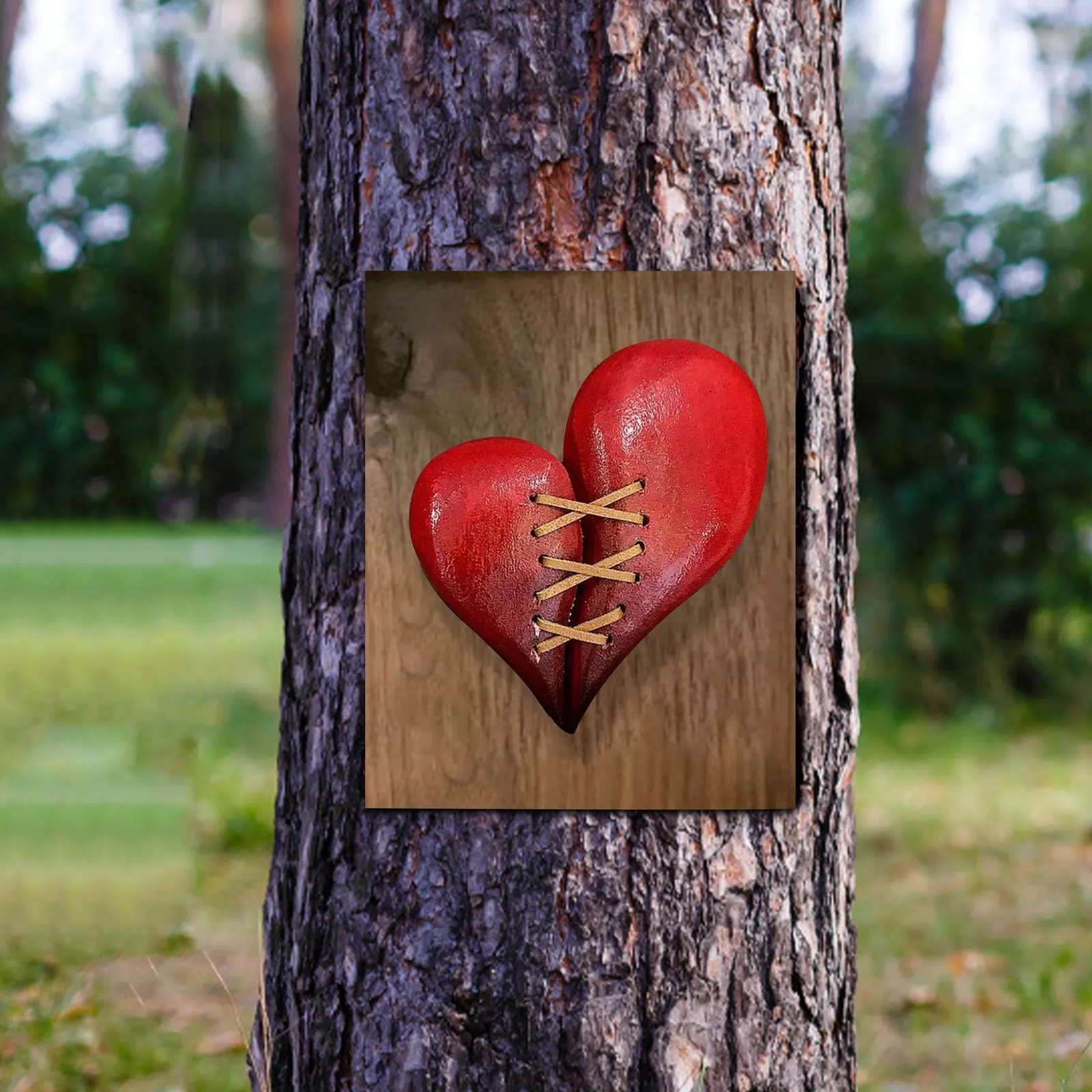 

Wood Broken Heart Leather Stitched Wood Sculpture Wall Decor Gift