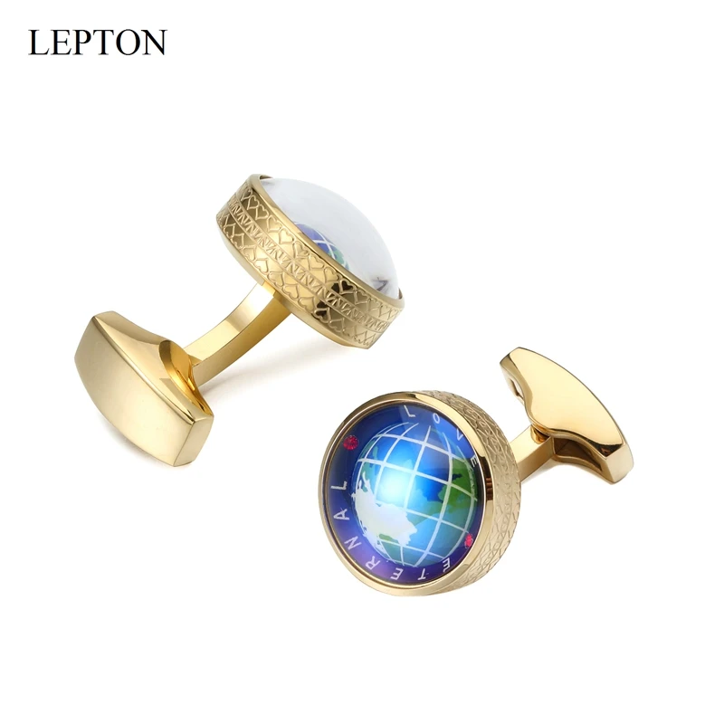 Hot Globe Earth Cufflinks Gold Colors Lepton Stainless steel Rotatable globe planet earth World Map Cuff links Wedding For Mens