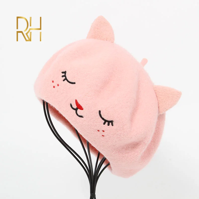 Осенние шерстяные Зимние береты шапки для женщин милый кот с вышивкой шапка