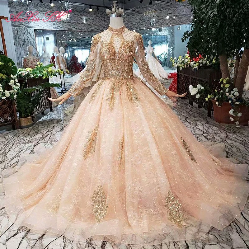 

Роскошное Золотое кружевное блестящее свадебное платье AnXin SH с высокой горловиной, бисером, кристаллами, иллюзией и длинными рукавами, 100% ре...