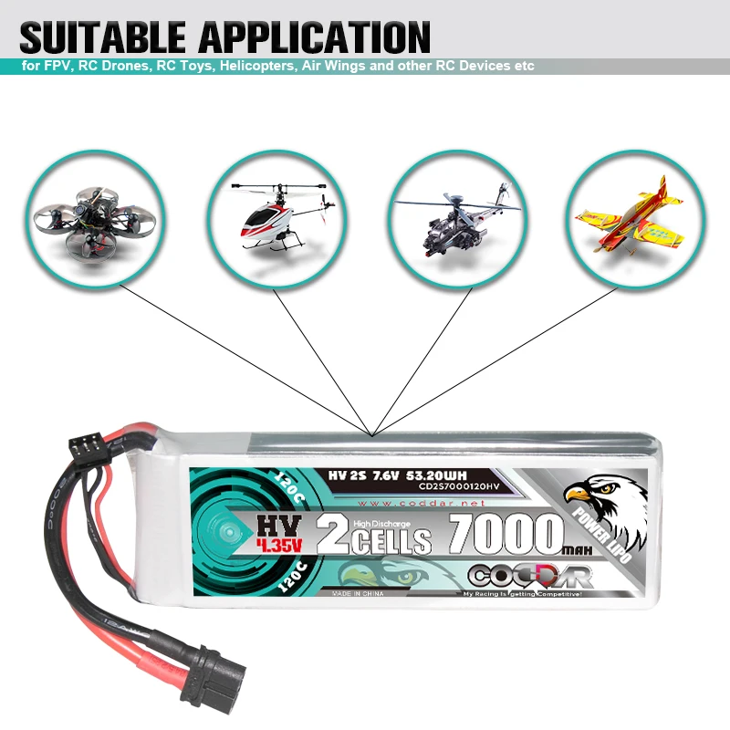 

CODDAR 7000mah 120C 7.6V 2S HV Lipo Battery With XT60 XT90 T Plug For RC Helicopter Quadcopter FPV Racing Drone Parts