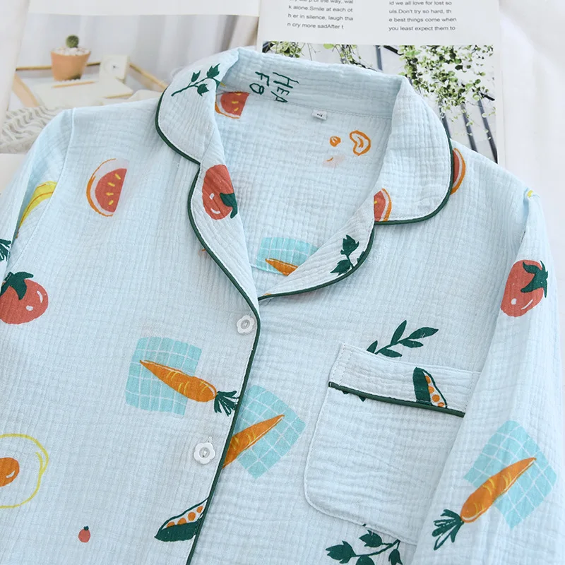 Spring /Autumn Pajamas for Women Pure Cotton Crepe Soft Long Sleeve Sleepwear Thin Fresh Summer Pajamas Set for Ladies Comfort