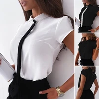 2021 wholesale women summer fashion clothes button front short sleeve workwear casual shirt elegant white ladies top with tie