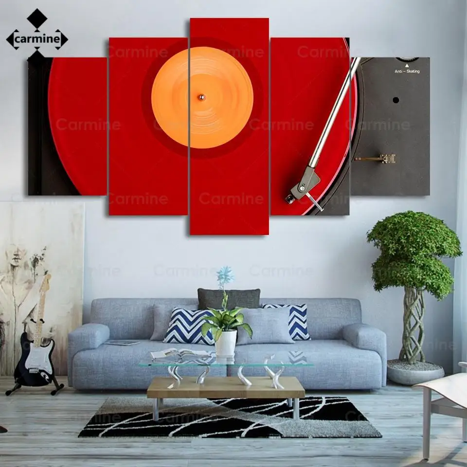 5 Panel Red Old Record Player Canvas Art Wall Poster Modular Framework Picture Modern Poster Painting Decoration for Living Room
