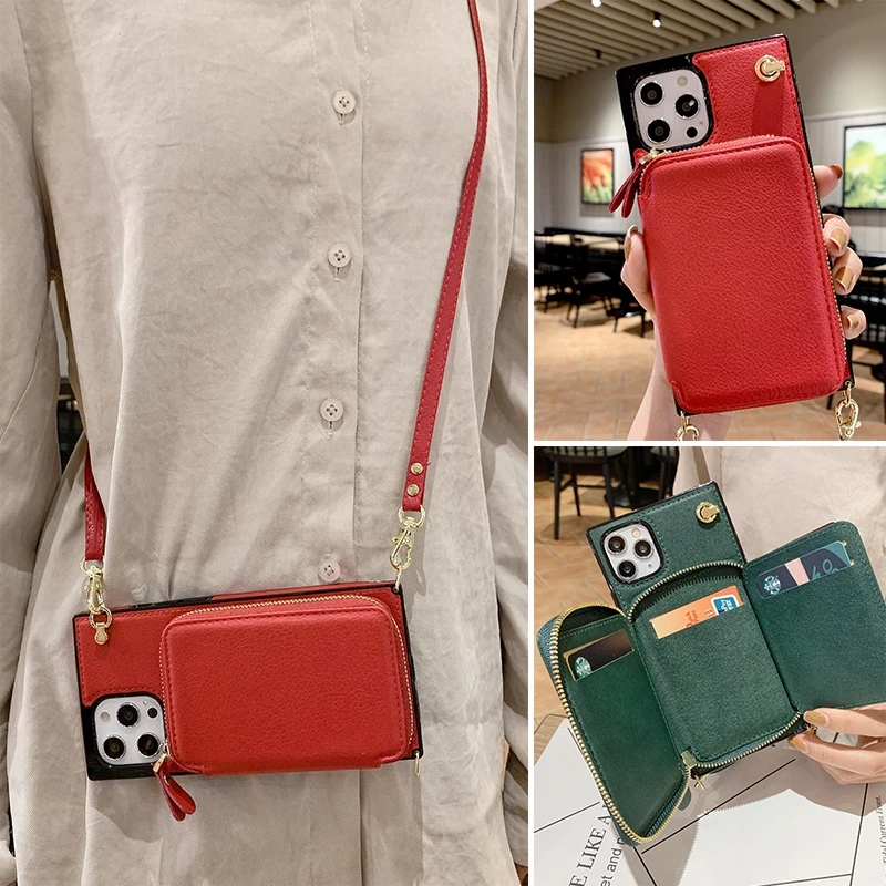 

Case For Iphone 14 13 12 Mini 11 pro xs max Xr 7 8plus Se 2020 Cover Wallet Card Holder Leather Shoulder Strap Belt Phone Bag