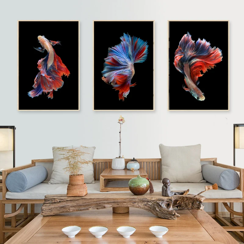 Простые разноцветные постеры и принты в скандинавском стиле с изображением рыб