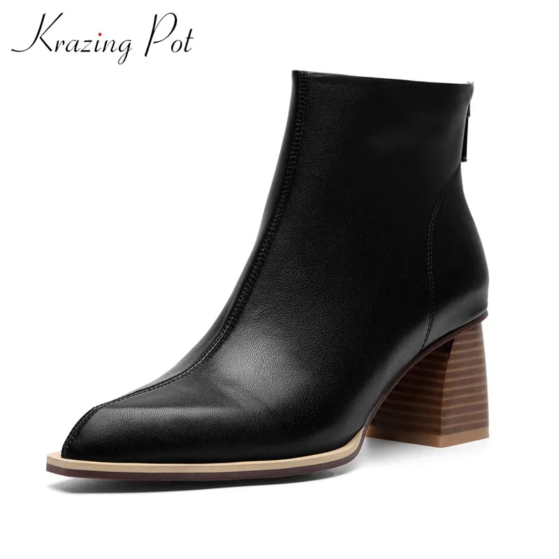 

Krazing pot/натуральная кожа модные смешанные цвета маленькие туфли на высоком каблуке и с квадратным носком; С молнией сзади; Зимняя уличная жен...