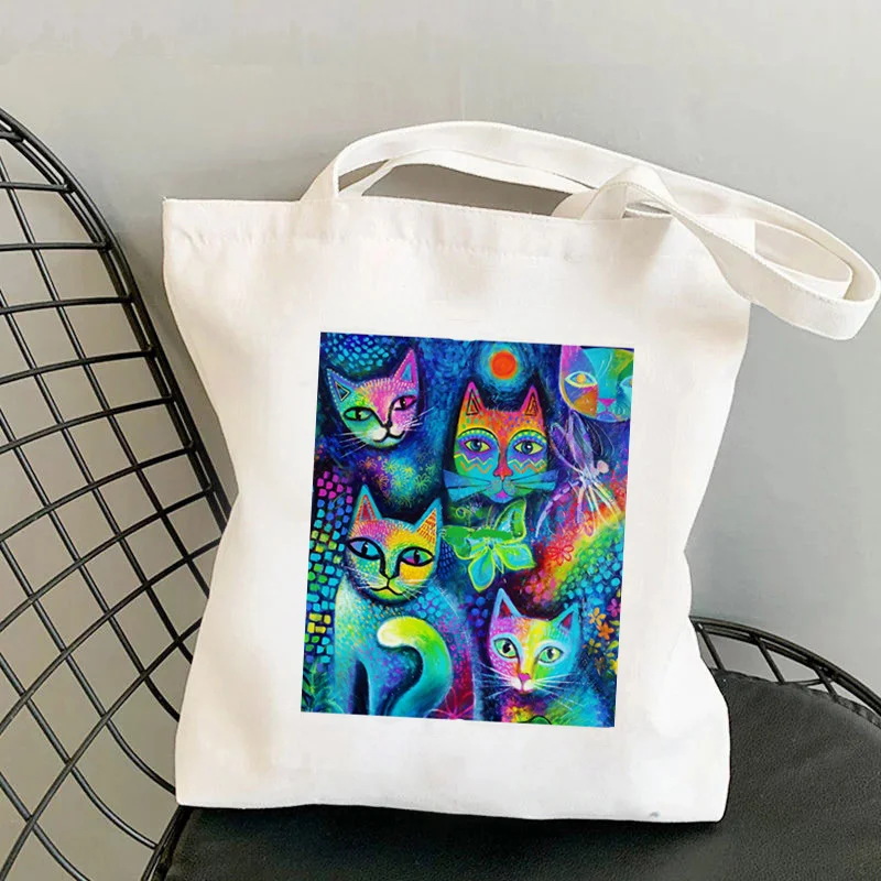 

Shopper Magicats Multicolored Printed Kawaii Bag Harajuku women Shopping Bag Canvas Shopper Bag girl handbag Shoulder Lady Bag