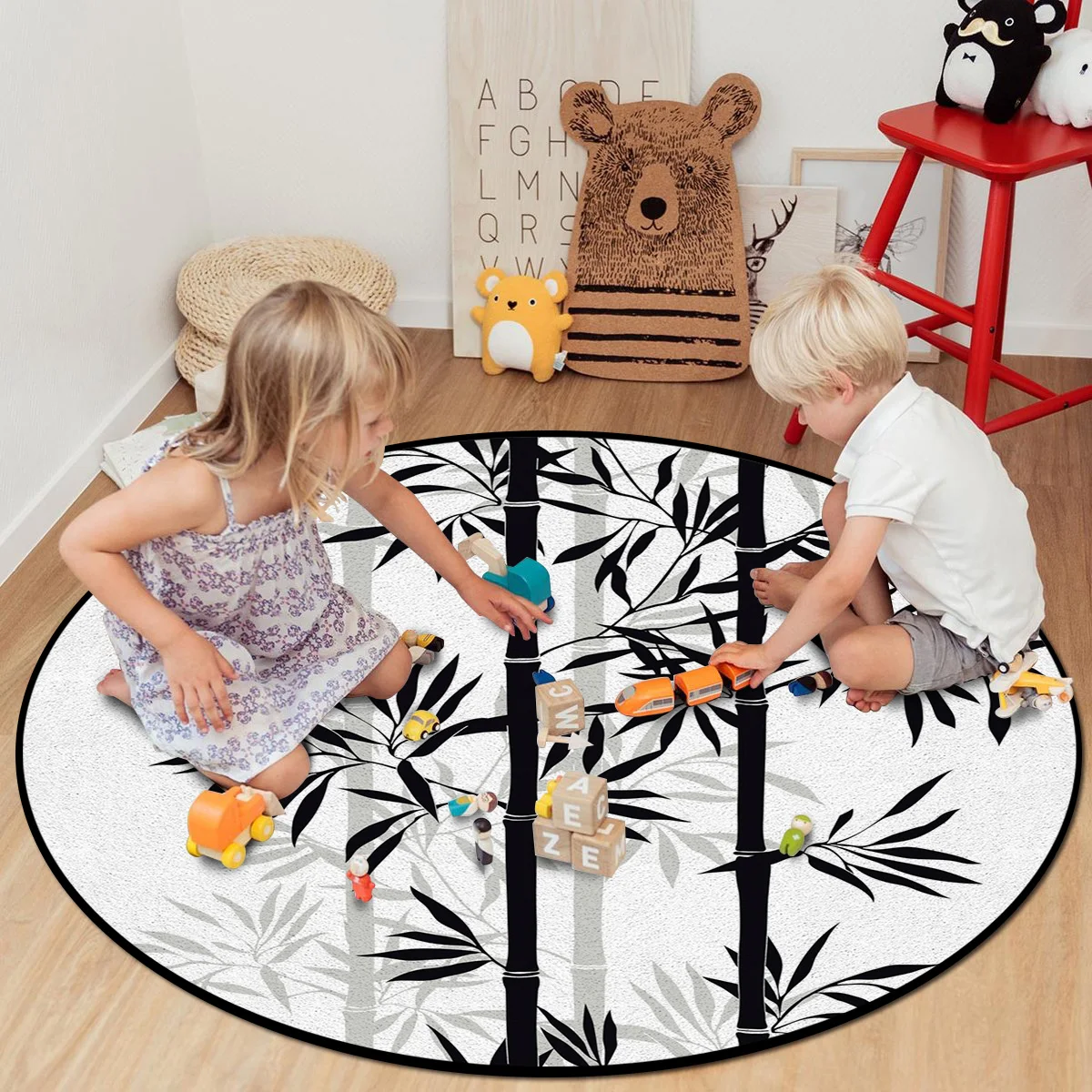 Черный белый бамбуковый круглый коврик в китайском стиле с чернилами листьями