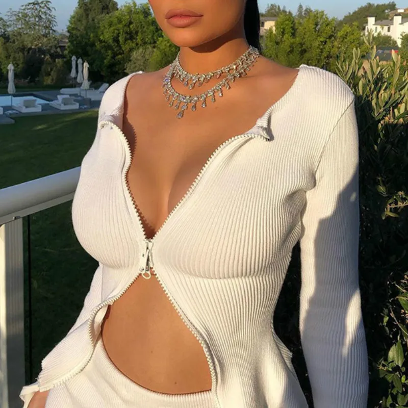 Женский вязаный кардиган с двойной молнией Однотонный свитер длинным рукавом