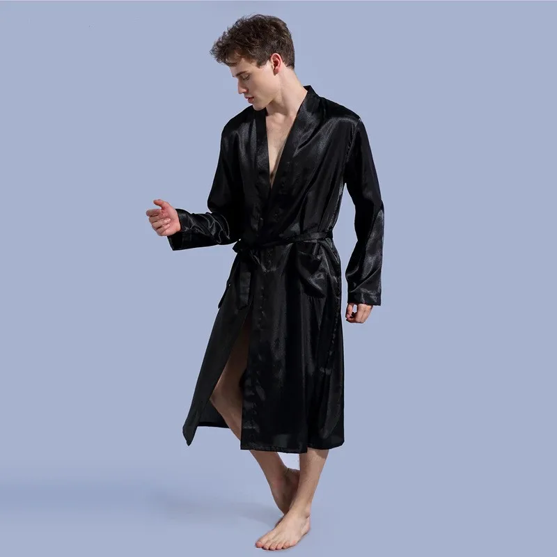 Men's Bathrobe Dressing Gown Sleepwear Solid Color Robe And Thin Cardigan Nightgown Loose Large Size Long-Sleeved Autumn Glossy