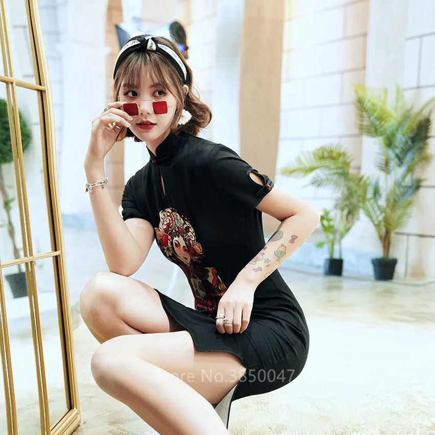 Женское чонсам черное готическое платье Ципао пикантное приталенное с китайским