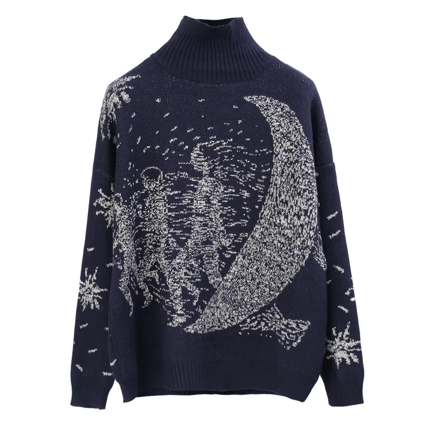 dark blue Осень и зима корейский НЛО изображение вязаный свободный и толстый средний и высокий воротник маленькие свежие женские свитера - Цвет: dark blue
