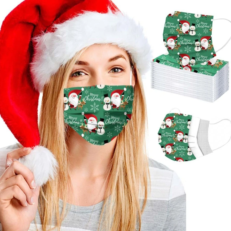 

50Pcs Christmas 3 Layer Disposable Face Mask Funny Cartoon Santa Snowman Printed Breathable Protective Holiday Party Mouth Cover