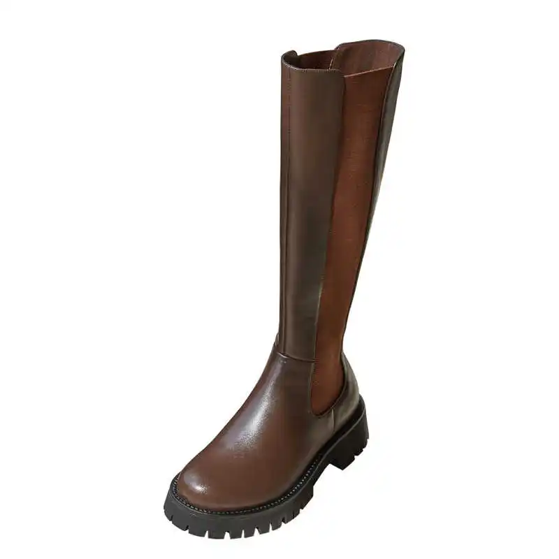 

British style all cow leather high tube Knight boots, new winter plush and round head thick bottom straight tube boots