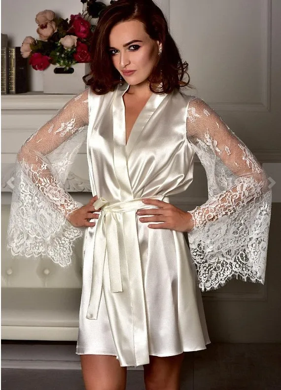 

supply hot sales of European and American foreign trade sexy underwear lace perspective long-sleeve imitation ice silk robe