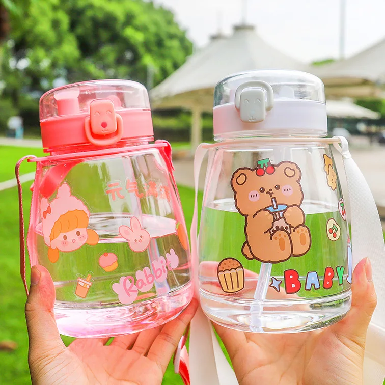

Double Drink Big-tripe Sippy CupsCarry Plastic Water Bottles with LIDS and Straws Summer Big Capacity Lovely Cartoon Water Cup