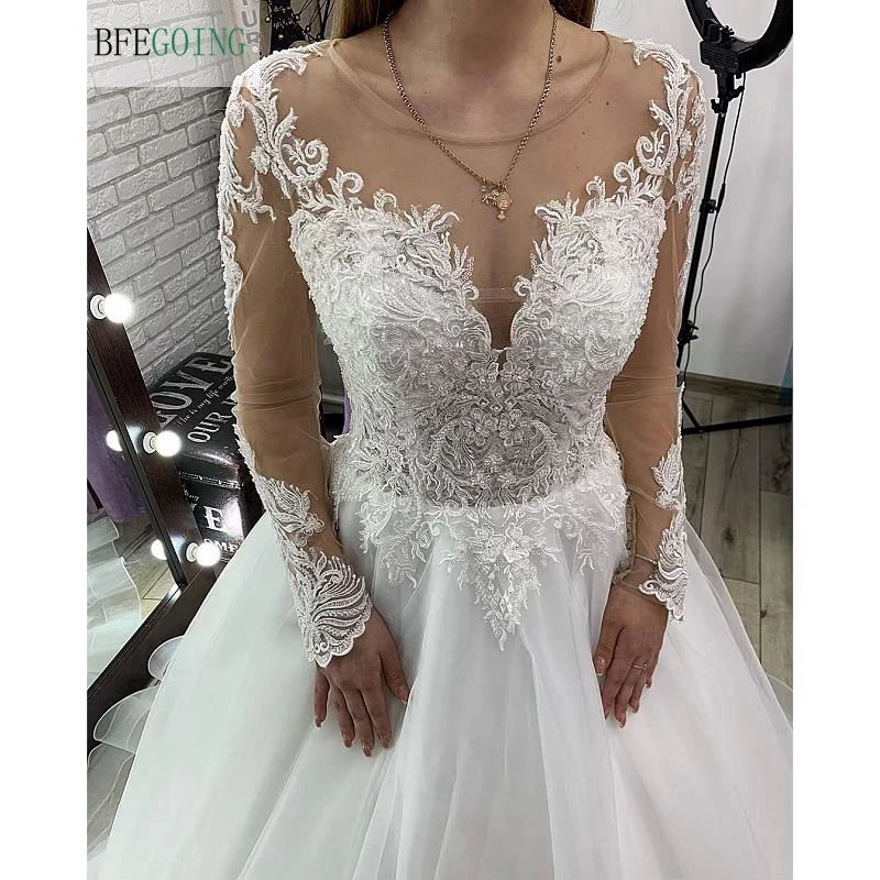 

White Lace Appliques Tulle Beading Long Sleeves Floor-Length A-line Wedding dress Chapel Train Custom made