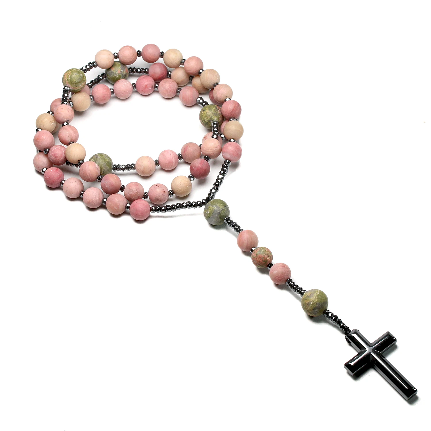 

Natural Matte Rhodonite Unakite Beads Catholic Christ Rosary Necklaces Cross Pendant Necklace For Women Meditation Mala