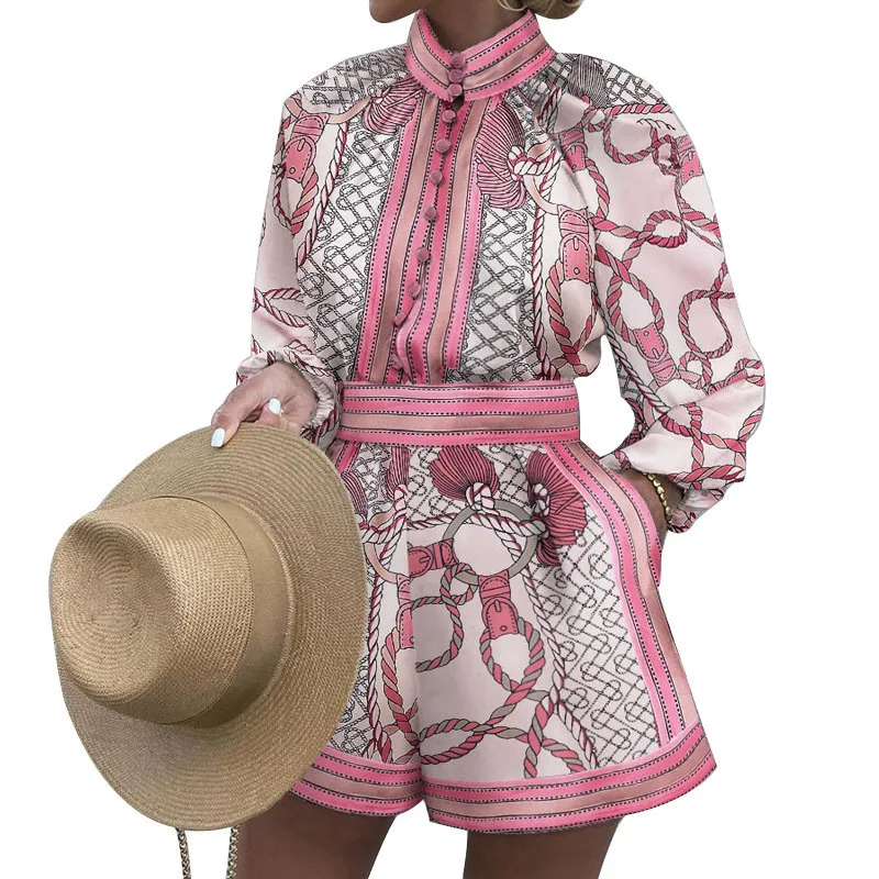 

African Shorts Sets Clothes Women Stand Collar Shirt Tops And Pants Set Autumn New Print Fashion African Office Lady Short Suits