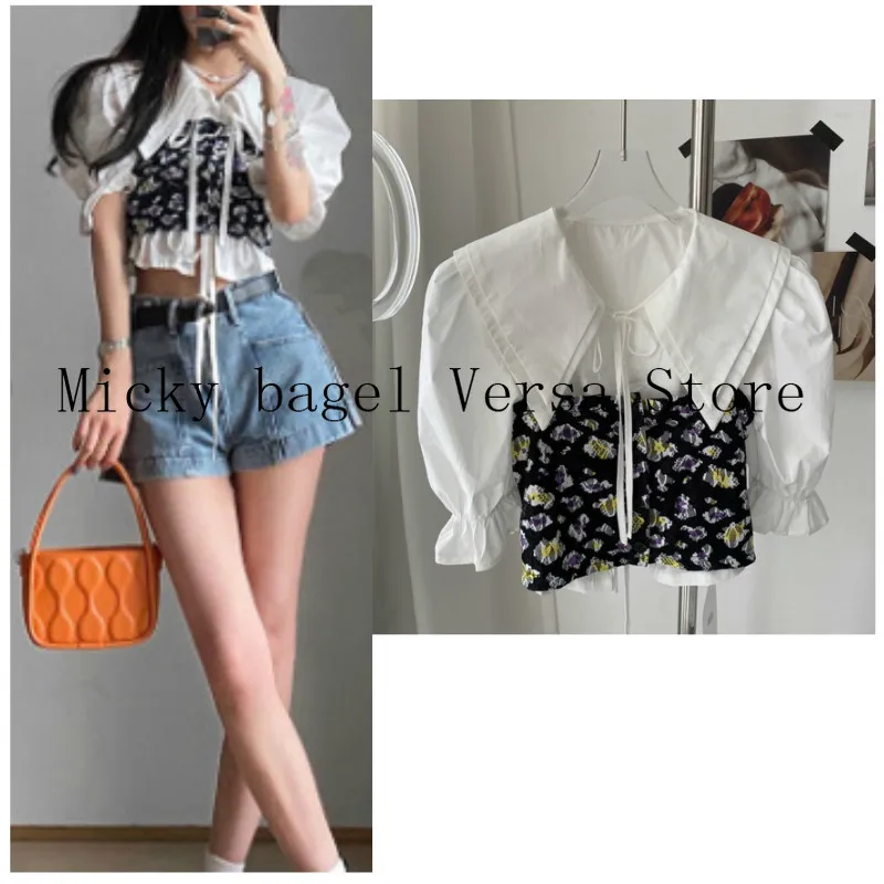 

2021 luxury brand retro printing fashion women's two-piece temperament slim baby collar shirt versatile, sexy suspender top