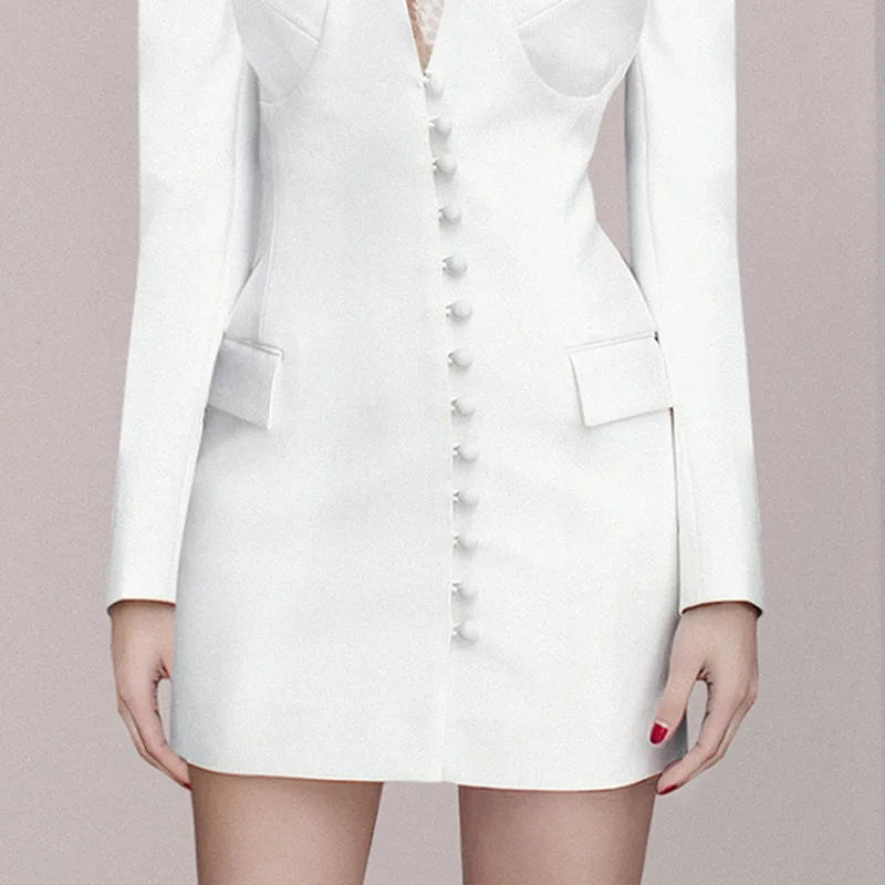 

DEAT Women White Patchwork Asymmetrical Single Breasted Dress New V-neck Long Sleeve Slim Fit Fashion Tide Summer 2021 7E0157