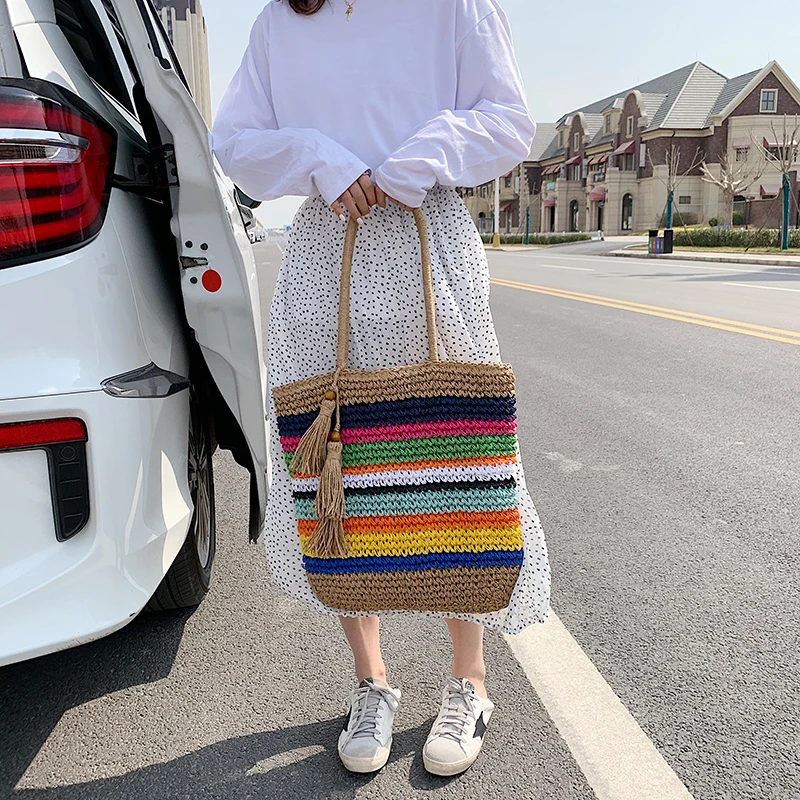 Цветные соломенные сумки на плечо DikizFly 2020 женские летняя пляжная сумка большие