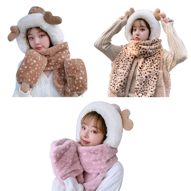 

Sweet Antlers Hat Scarf Gloves 3-piece Plush Leopard Hoodie Hats Scarf Mitten Windproof for friend Happy Gathering G5AE