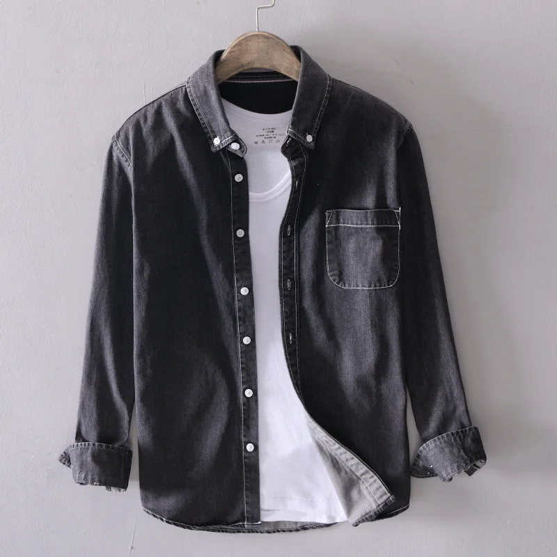 

Thin wash denim shirt in spring and summer men's long sleeve loose casual shirt coat trend 18021