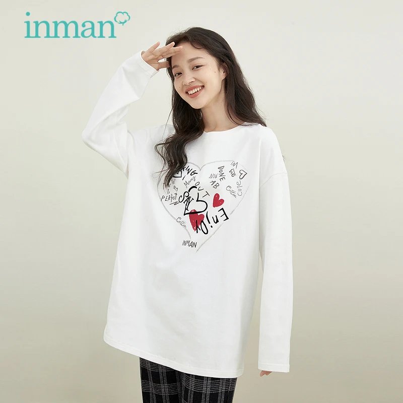 Женская футболка INMAN на осень и зиму с милым принтом круглым воротником