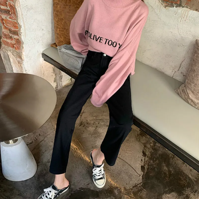 

Jeans Women Loose Ankle-Length Straight High Waist Pockets Zipper Korean Leisure Chic Trendy Fashion Streetwear Womens All-match